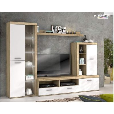 Mueble de Salón Moderno con Leds, Acabado en Cambria, 260x191 cm